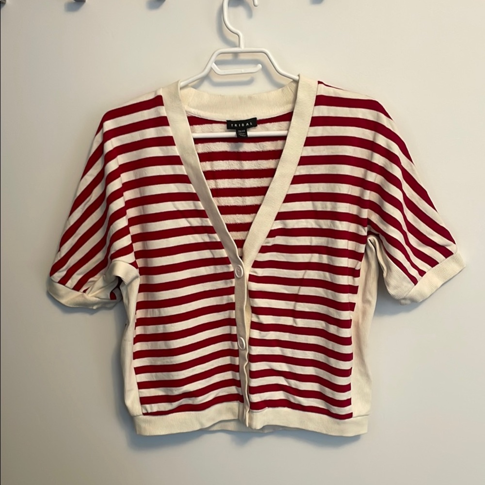 Tribal  Red and Cream Striped Button-Up Cardigan - XS